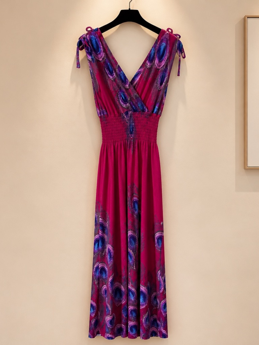 Jon & Anna Fuchsia Maxi Dress with Blue-Purple Peacock Print